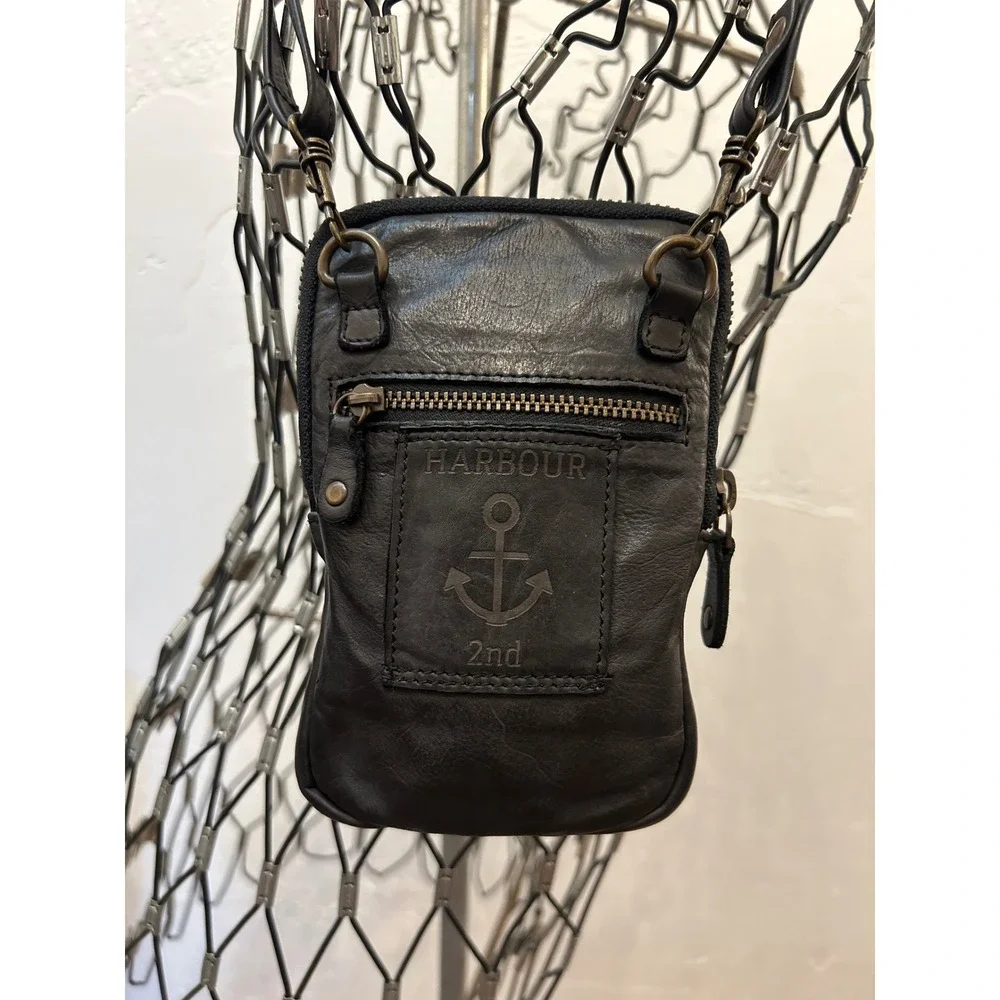 Harbour 2nd Black Leather Anchor Crossbody Phone Bag Wallet